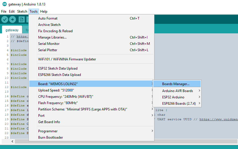 Arduino IDE tools menu